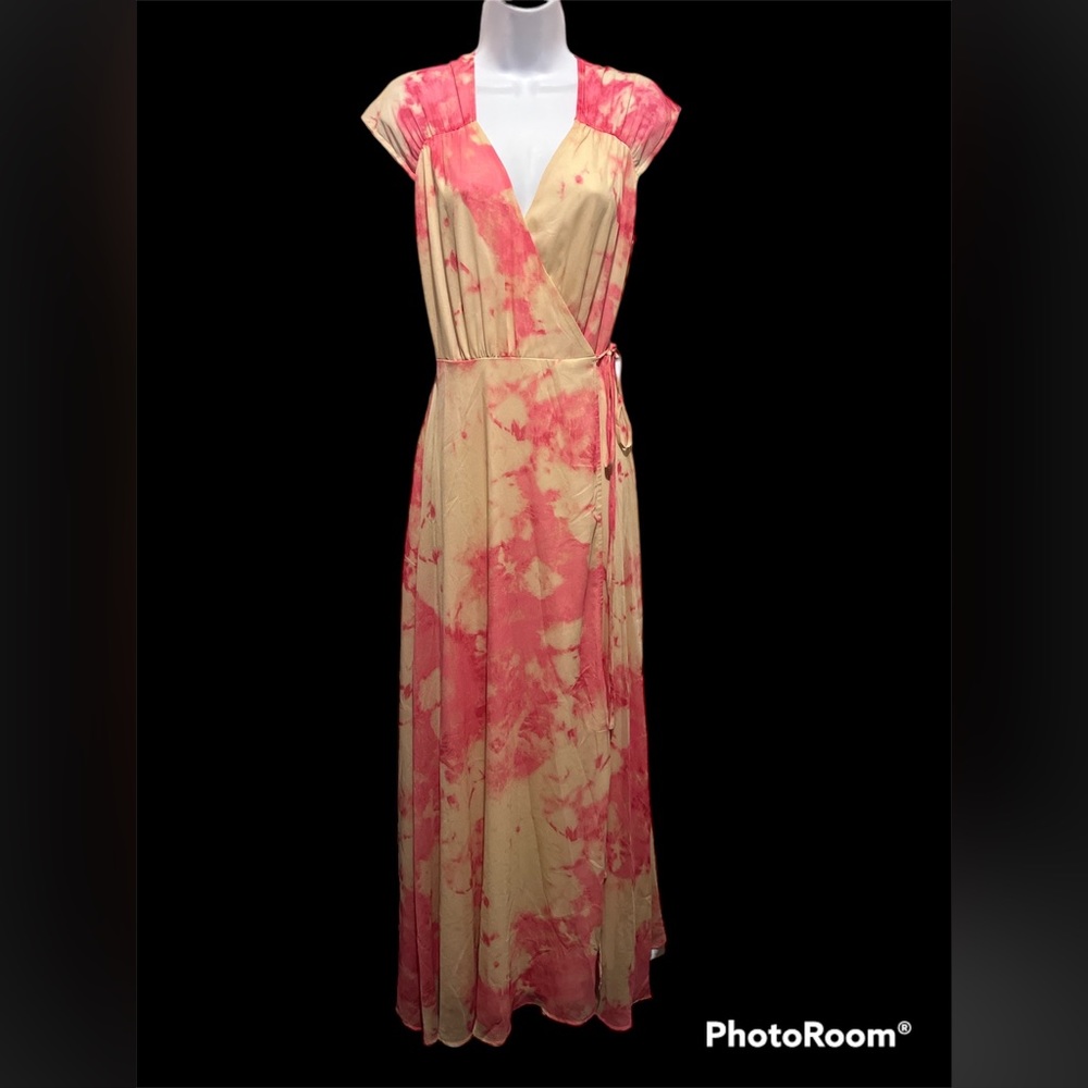 Aakaa Pink and Cream Tie-Dye Maxi Wrap Dress
